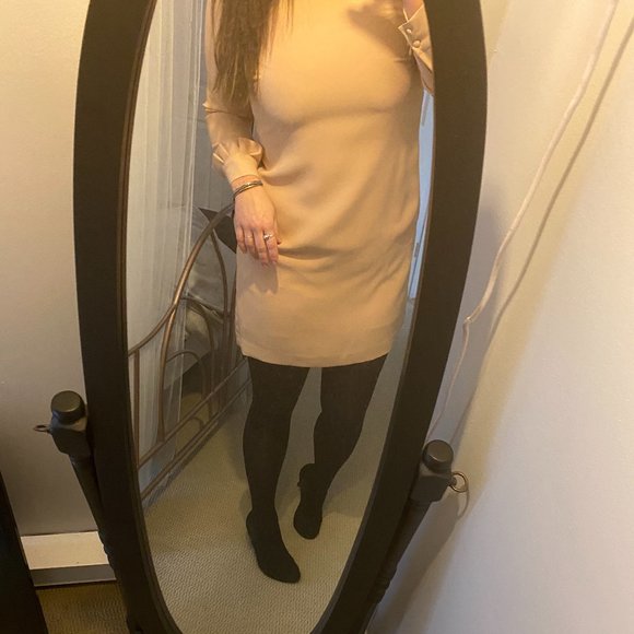 EUC Banana Republic Tan Long Sleeve Ruffle Cuff Cocktail Dress Sz 10 - Picture 3 of 7